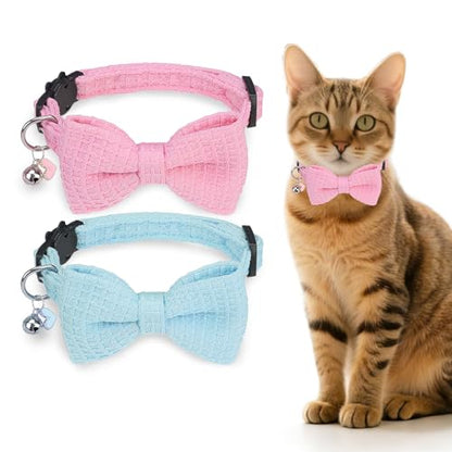 Cat Collar Breakaway with Bells, Soft Cotton Pink Cat Bowtie Collar for Girl Cats, Small Cats Collar with Bow for Spring Summer, 2 Pack Cute Kitten Collars with Removable Bowtie 8-12Inch - color: Light Pink + Sky Blue