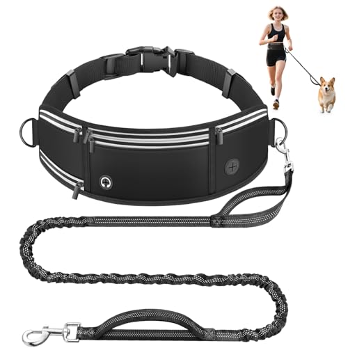 Hands Free Dog Leash with Waist Belt & Zipper Pouch, Heavy Duty Waist Leash for Running, Walking, Jogging and Hiking, Professional Tangle Free Reflective Control Lead for Large Medium Dogs - color: Waist Belt-Black