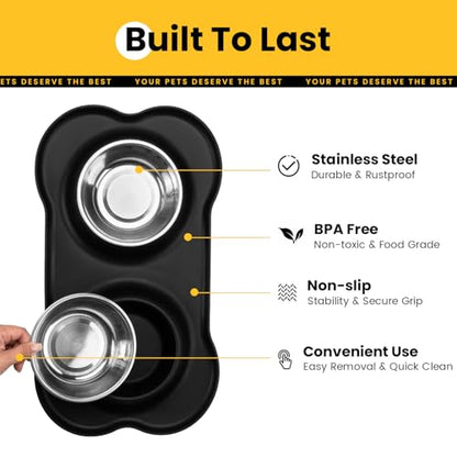 Conlun Dog Bowls with Non-Slip Silicone Mat, Spill Proof Large Food & Water Bowls Set, Easy Clean Dog Food Dish, Dishwasher Safe, Suitable for Dogs Cats Pet Under 90lbs, Large, Black - color: Black, size: Large-38oz