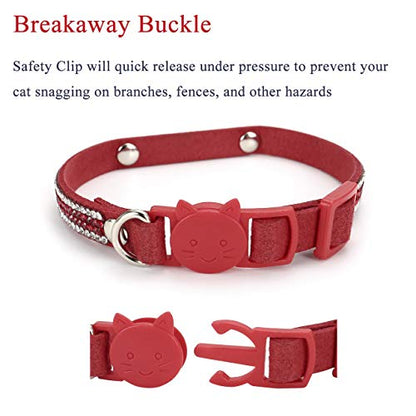 Mogoko Personalized Breakaway Cat Diamond Collar, Customized Bling Kitten Pet Collar with Engraved ID Name Plate and Bell（Red） - color: Red
