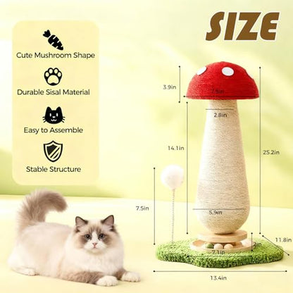 Mushroom Cat Scratcher Tower, Interactive Ball Track Spring Ball Cat Scratching Post, Sisal Kitty Activity Center for Indoor Cats & Kittens, Sturdy Wide Base 25.2 Inch - Red