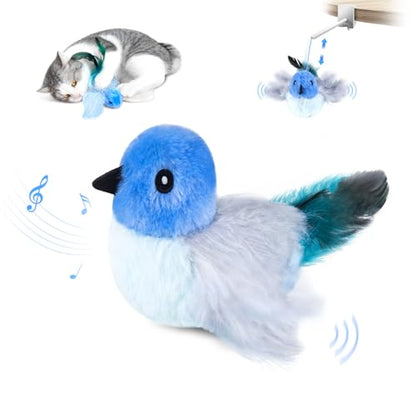 Migipaws Interactive Flapping Bird Cat Toys with Rod, clamp, Elastic String and Catnip, Automatic Chirping Toys for Indoor Cats to Chase, Hanging Feathers for Kitten to Self Play,Rechargeable(Blue) - color: Blue