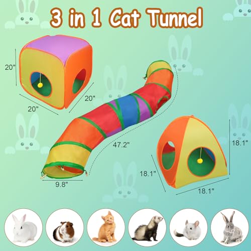 Rypet Cat Tunnels for Indoor Cats with Cube Tent Toys Combo Pop Up Collapsible Crinkle Interactive Peek Hole Cat Tube with Play Ball and Bell for Kitten, Puppy, Kitty, Rabbit - color: Rainbow