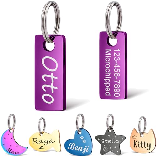 Anavia Small Size Dog Cat ID Tags, Small/XS Personalized Color Plated Stainless Steel Puppy Kitten Name Tags, Customized Engraved Nameplate Pet Collar Tag (Purple, XS-Rectangle) - color: Purple, size: XS-Rectangle
