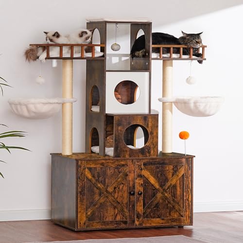 Heybly Cat Tree with Litter Box Enclosure for Indoor Big Cat, Cat Tower for Large Cats 20lbs Heavy Duty, Modern Cat Condo Furniture with Scratching Posts, Rustic Brown HCT110SR - color: Rustic Brown