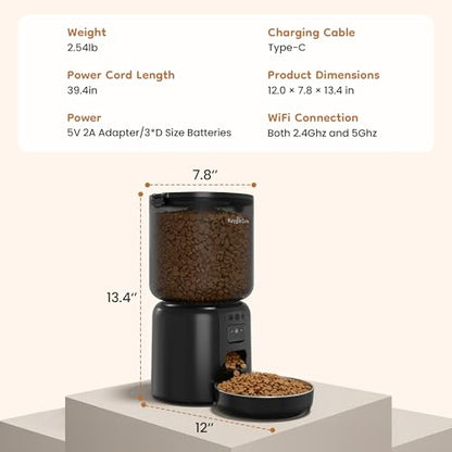 Automatic Cat Feeder, Adjustable 1080p Camera, 5G WiFi & App Control Cat Food Dispenser, Automatic Feeder Cat Dry Food with Dual Power & Voice Recording, Smart Automatic Dog Feeder Portion Control