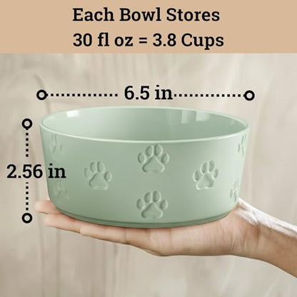 Ceramic Dog Bowl Set of 2 with Anti-Skid Base - 6.5" Wide x 2.5" Tall Ceramic Dog Bowls Medium Sized Dogs - 3.8 Cup Capacity Food and Water Bowls for Dogs - Rubber Bottom Pet Bowl Set of 2 Medium Size - color: Sage Green, size: Medium