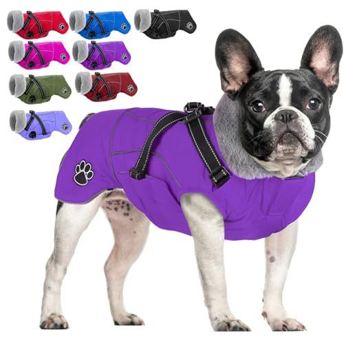 Dog Jacket Waterproof Dog Coat with Harness Built in, Christmas Puppy Winter Coat Reflective Turtleneck Puffer Snow Jackets for Small Medium Large Dogs - color: Purple, size: Small