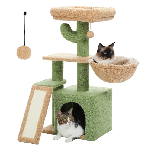 PETEPELA Cactus Cat Tree for Indoor Cats, 32'' Small Cat Tower Cat Condo with Sisal Scratching Ramp, Cozy Hammock and Removable Top Bed Perch for Kittens, Green - color: Green, size: Scratching Tree
