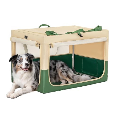 36" Collapsible Dog Crate for Large Dogs - Portable Soft Travel Kennel with Lockable Zippers, Waterproof Base, Washable Cover, Patented Screw Frame for Adjustable Tension, Outdoor, Indoor, Car Use - color: Green+Beige, size: 36.0"L x 24.0"W x 23.0"H