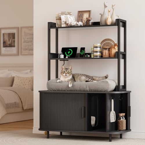 ONBRILL 54 Inch Hidden Litter Box Furniture with Shelves and Outlets,Fluted Cat Litter Box Enclosure, Mid-Century Modern Wooden Cat House with Sliding Tambour Door and Hooks, Black - color: Black