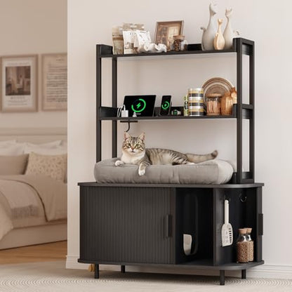 ONBRILL 54 Inch Hidden Litter Box Furniture with Shelves and Outlets,Fluted Cat Litter Box Enclosure, Mid-Century Modern Wooden Cat House with Sliding Tambour Door and Hooks, Black - color: Black