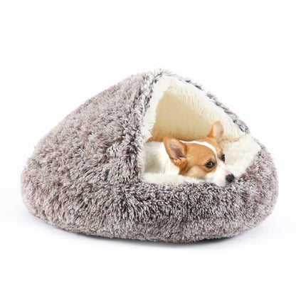 Dog Bed Round Hooded Plush Cat Cave Self Warming Pet Bed Donut Anti Anxiety Fluffy Pet Bed for Puppy and Kitty - color: Gradual brown, size: Medium 23.6''