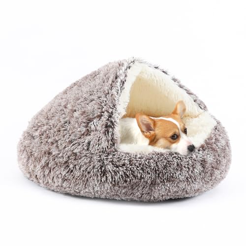 Dog Bed Round Hooded Plush Cat Cave Self Warming Pet Bed Donut Anti Anxiety Fluffy Pet Bed for Puppy and Kitty - color: Gradual brown, size: Large 27.5''