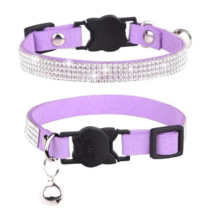 Soft Velvet Cat Collars, Breakaway Rhinestone Cats Collars with Bell Adjustable Pet Collar for Kitten Puppy Small Dogs and Cats(XS,Purple) - color: purple, size: XS