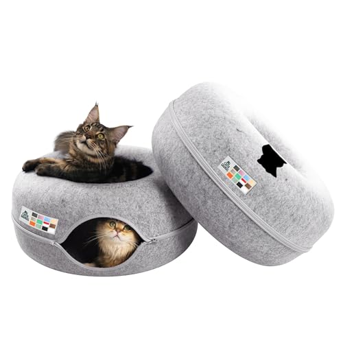 Cattasaurus Peekaboo Cat Cave Donut for Multiple & Large Cats up to 30-45 lbs, 3-in-1 Self Warming Cat Bed, Tunnel & Scratcher for Indoor Cats, Washable & Detachable (Light Gray + Light Gray, Large) - color: Light Gray + Light Gray, size: Large