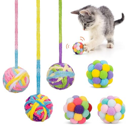Retro Shaw Cat Toys Balls, 6Pcs Woolen Yarn Cat Balls with Bells Inside, Interactive Kitten Toys for Indoor Cats Kitty, Soft Pompom Jingle Ball with String Cat Nip Toys - size: 1.6 Inches