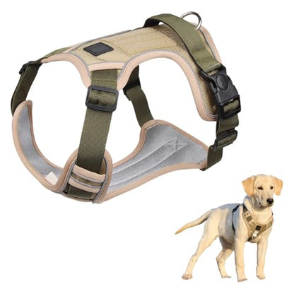 dPois Adjustable Reflective Dog Harness with Back Handle Tactical Padded Vest for Control Easy Walking Large Breed Dogs Khaki X-Large - color: Khaki, size: X-Large