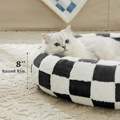Ohocut Checkered Cat Dog Bed, Cute Black White Retro Style Aesthetic Round Warming Pet Calming Beds for Small Dog and Cats, Plush Cozy Donut Beds Washable, 23" L x 23" W x 8" Th - color: Black, size: 23"L x 23"W x 8"Th
