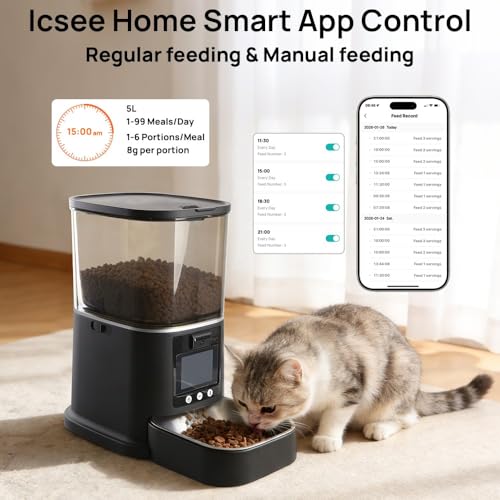 5L Automatic Cat Feeder with Camera, Two-Way Video 3MP HD & Audio, 5G WiFi Automatic Dog Feeder with Night Vision, Cat Food Dispenser with Dog Food Container for Multiple Pets - color: Black