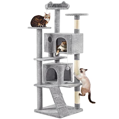 Yaheetech 70in Multi-Level Cat Tree Tall Cat Tower Cat Furniture with Condo, Scratching Posts & Dangling Ball for Indoor Cats Activity Center, Light Gray - color: Light Gray, size: 70in