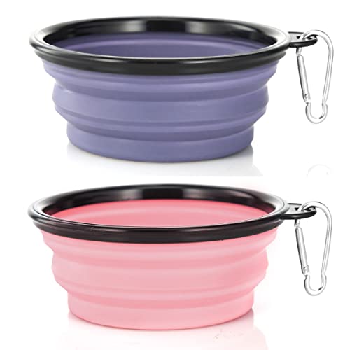 Dog Bowl Pet Collapsible Bowls, 2 Pack Collapsible Dog Water Bowls for Cats Dogs, Portable Pet Feeding Watering Dish for Walking Parking Traveling with 2 Carabiners (Small, Purple+Fairy Pink) - color: Purple+Fairy Pink, size: Small