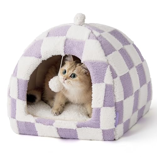 Lesure Cute Cat Beds for Indoor Cats - 2 in 1 Cat Cave Bed for Kittens and Small Pets with Removable Washable Cushioned Pillow, Cozy Kitten with Non-Slip Bottom, Purple, 16 inches - color: Lavender Checks, size: 16"L x 16"W x 16"Th