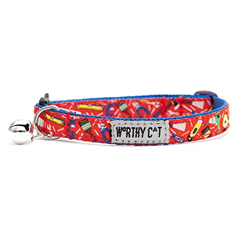 THE WORTHY DOG Patterned Tools Cat Collar with Bell, Adjustable Nylon Safety Collar, Red, One Size - color: Red-Tools