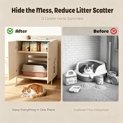 31.5" Tall Hidden Cat Litter Box Furniture with Storage Cabinet, Cat Litter Box Enclosure End Table with Ventilated Back Panel, Modern Cat Washroom Cabinet for Living Room or Bedroom, White