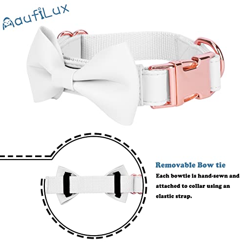 Soft Leather Bowtie Dog Collar - Adjustable Cute Bow Tie Collar [Easy to Clean] with Stylish Rose Gold Heavy Duty Metal Buckle for Small Medium Large Dogs White M - color: White, size: M(13.8"-19.7")