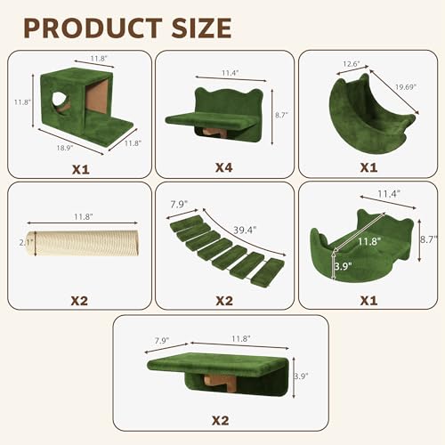 13-in-1 Cat Wall Shelves, Wall Mounted Cats Furniture Set with Plush Fabric, Cat Climbing Wall Systems, Cats Shelf with Moon Hammock, Condo, House, Step, Bridge Ladder, Scratching Post, Green - color: Green, size: 13-in-1
