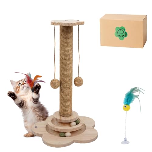 4-in-1 Wooden Cat Scratcher Toy,Cat Scratching Post&2-Level Track Tower With 8 Balls&2 Sisal Ball&2 Cat Wand Toy,Indoor Cat Activity Center For Cats Of All Ages And Body Types (11.8"L x 11.8"W x 19"H) - size: 11.8"L x 11.8"W x 3.1"H