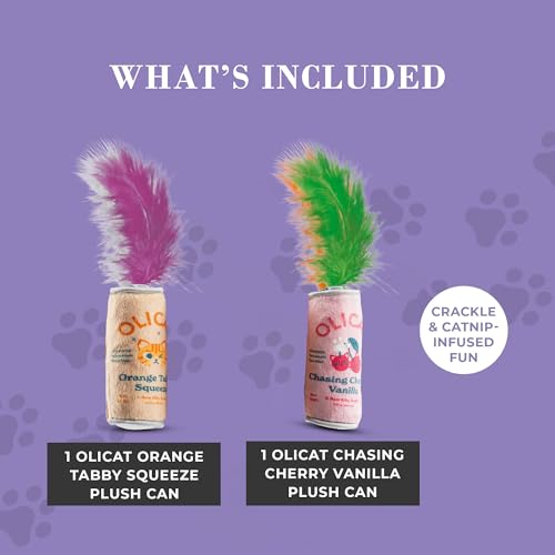 Haute Diggity Kitty Olicat Catnip Toys, Soft Plush Cat Toys Catnip Filled with Interactive Crackle Sound & Feathers, Safe & Durable Toy for Cats & Kitten, 2 Pcs - style: Olicat