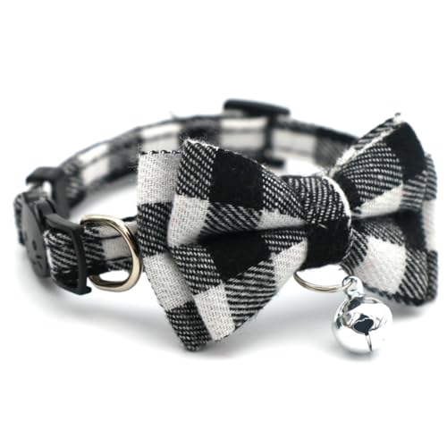 White Plaid Dog Bow Collar with Bell, Breakaway Cat Collar Bell with Bowtie Christmas Puppy Collars for XXS Xs Small Tiny Little Pet Dogs Boy Girl Kitten, for Hoilday Birthday Party - color: White Plaid