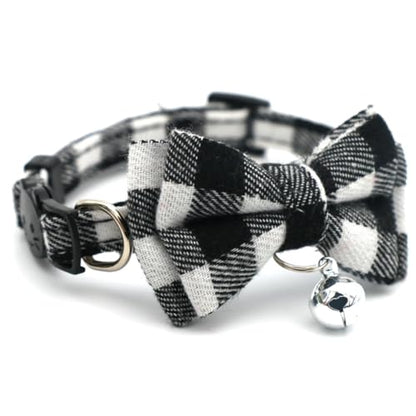 White Plaid Dog Bow Collar with Bell, Breakaway Cat Collar Bell with Bowtie Christmas Puppy Collars for XXS Xs Small Tiny Little Pet Dogs Boy Girl Kitten, for Hoilday Birthday Party - color: White Plaid