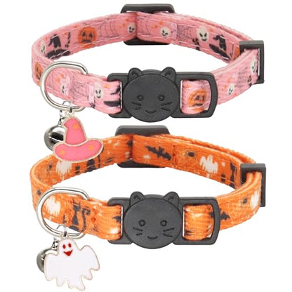 Halloween Cat Collar, Cotton 2 Pack Cat Collar with Bells, Breakaway Collars for Girl Boy Cats Kittens, Halloween Pink - color: Halloween Pink