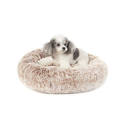 Bedfolks Calming Donut Dog Bed, 23 Inches Round Fluffy Dog Beds for Small Dogs, Machine Washable Anti-Anxiety Plush Puppy Bed（Brown, Small） - color: Brown, size: 23.0"L x 23.0"W x 7.0"Th