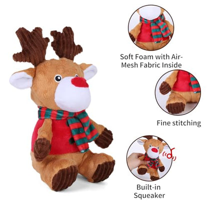 Blnboimrun Christmas Reindeer Plush Dog Toy with Squeaker, Holiday Chew Toys for Puppy Teething, Interactive Stuffed Animal with Crinkle Paper for Small Medium Dogs, Best Gift for Pets - color: Brown Reindeer