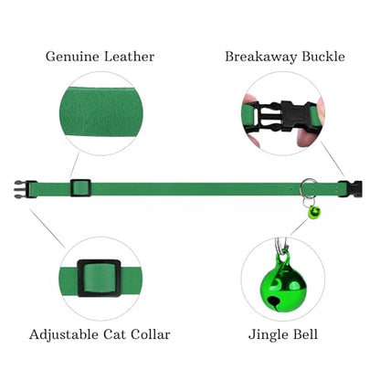 Breakaway Cat Collar Leather with Removable Bell - 13 Colors Available - Soft Adjustable Girl Boy Safety Lightweight Pet Kitten Collars Pink Brown Blue Green Red Orange Black (Green) - color: Green