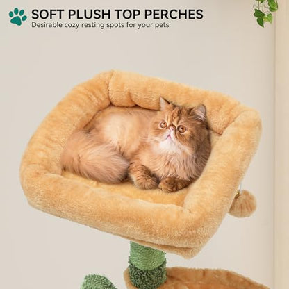 YITAHOME 37in Tall Cactus Cat Tree Tower with Self-Grooming Brush, Cute Cat Climbing Tower for Indoor Cats with Cat Condo, Plush Platform, Hammock, Sisal Scratching Posts, Dangling Ball - size: 1 piece