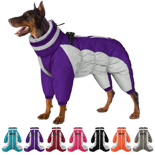 Full Body Dog Coat - Warm Fleece Jacket for Medium Dogs, Turtleneck Winter Coats with Harness, Reflective Dog Snowsuit Windproof Puffer Jackets with Legs for Boston Terrier, Purple M - color: Purple, size: Medium
