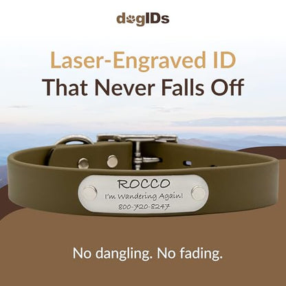 dogIDs Personalized Dog Collar – Custom Waterproof Soft-Grip Biothane with Laser-Engraved Nameplate, Durable & Odor-Resistant, USA Made | Sage, 1 in x 16 in (Fits Necks Size 14-18 in) - color: Sage, size: 1 in x 16 in (Fits Necks Size 14-18 in)