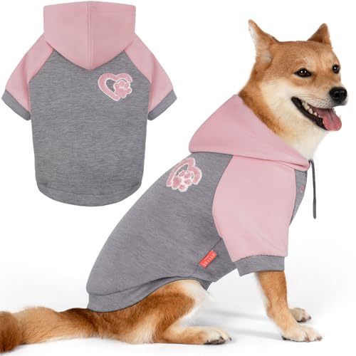 KYEESE Dog Hoodie Stretchy Dogs Winter Coat for Cold Weather Soft Dog Clothes for Small Dogs Pet Sweatshirt with Drawstring Comfort Cat Sweater Warm Pet Clothes Cat Coat with Leash Hole - color: 1#Grey Pink, size: X-Large (24-35lbs)