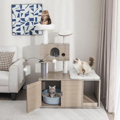 Tangkula Cat Tree with Litter Box Enclosure, Cat Tower with Litter Box, Cat Condo, Scratching Board, Soft Plush Perch, Dangling Balls, Groomer, Modern Hidden Litter Box Furniture for Indoor Cats