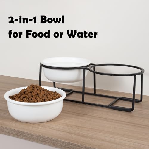 Ceramic Elevated Dog Bowl Set - Double Dog Food and Water Bowls with Metal Stand - Raised Pet Dishes for Puppies and Cats - 2 Cups - 12.5 fl oz - Matte White - color: Matte White, size: S-200ml