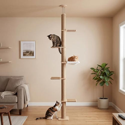 Floor to Ceiling Cat Tree, 5 Tier Adjustable Height (6-10.1 ft) Climbing Tower with Sisal Scratching Posts, Cats Activity with Cozy Hammock for Indoor Cats (Floor to Ceiling) - size: Floor to Ceiling