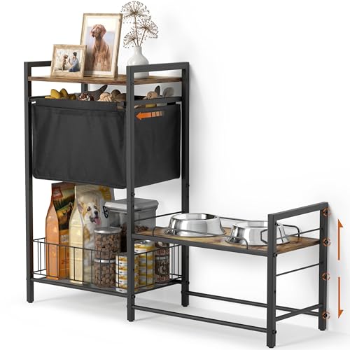 Lomivra Elevated Dog Bowl Stand with Toy Bin Basket, 4 Height Adjustable Raised Feeding Station Cabinet, Lifted Food and Water Bowl Holder, Pet Storage Organizer for Large Medium Small Dogs - color: Black&Brown, size: 2"-13.6"H/ 18.9"Dx9.45"W