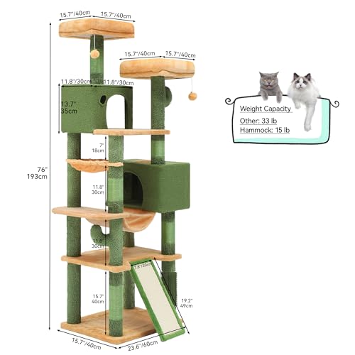 YITAHOME 193 cm Tall Cactus Cat Tower for Large Cats,76 inch Heavy Duty Cat Tree for Indoor Large Adult Big Cats Maine Coon Cat Tree Tower with Scratching Post, Hammock, Cat Condo, Cactus Green - style: Cactus