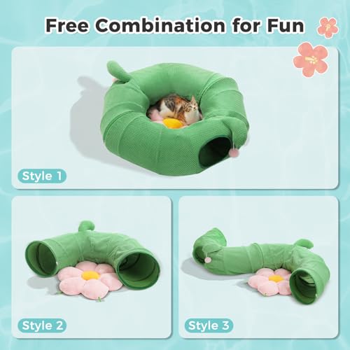 PAWZ Road Cactus Cat Donut Tunnel Collapsible Cat Tunnel Tube, Dia-38 inches with Flower Soft Mat for Indoor Cats and Rabbits