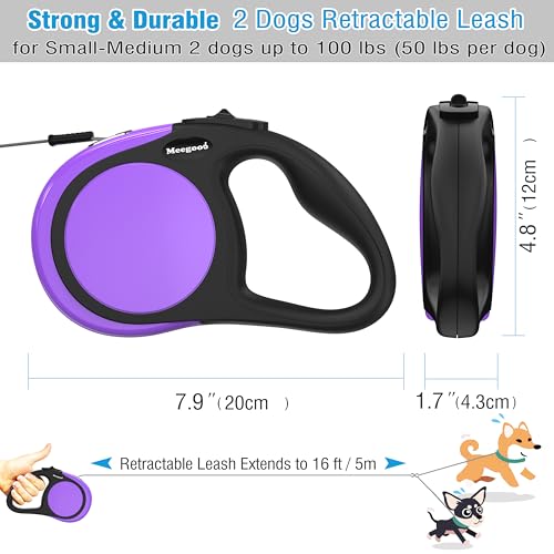 Double Retractable Dog Leash for Two Dogs Up to 110 lbs - 16 ft Coupler Leashes for Small Medium Dogs - One Locked System, Non Slip Grip, Tangle Free (Purple) - color: Purple
